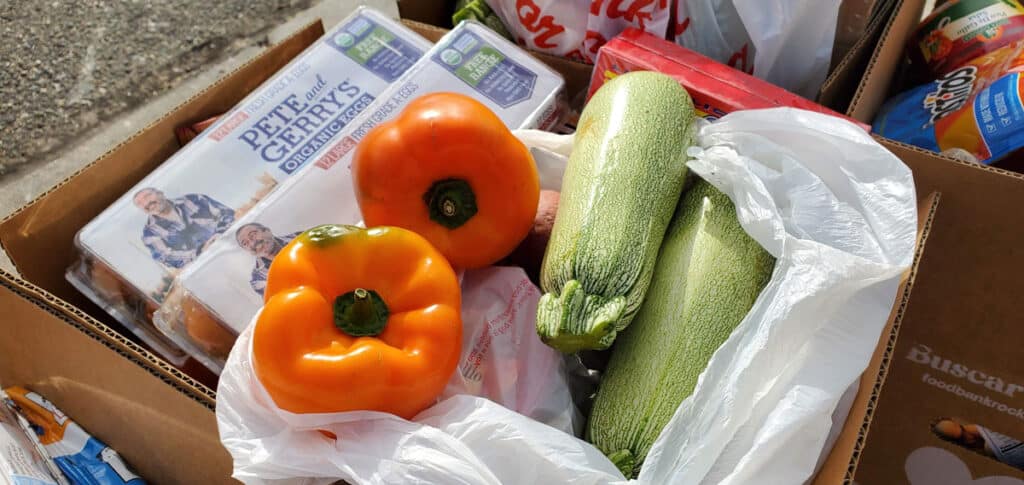 fresh peppers and zucchini in a food bank box with eggs and other food staples.