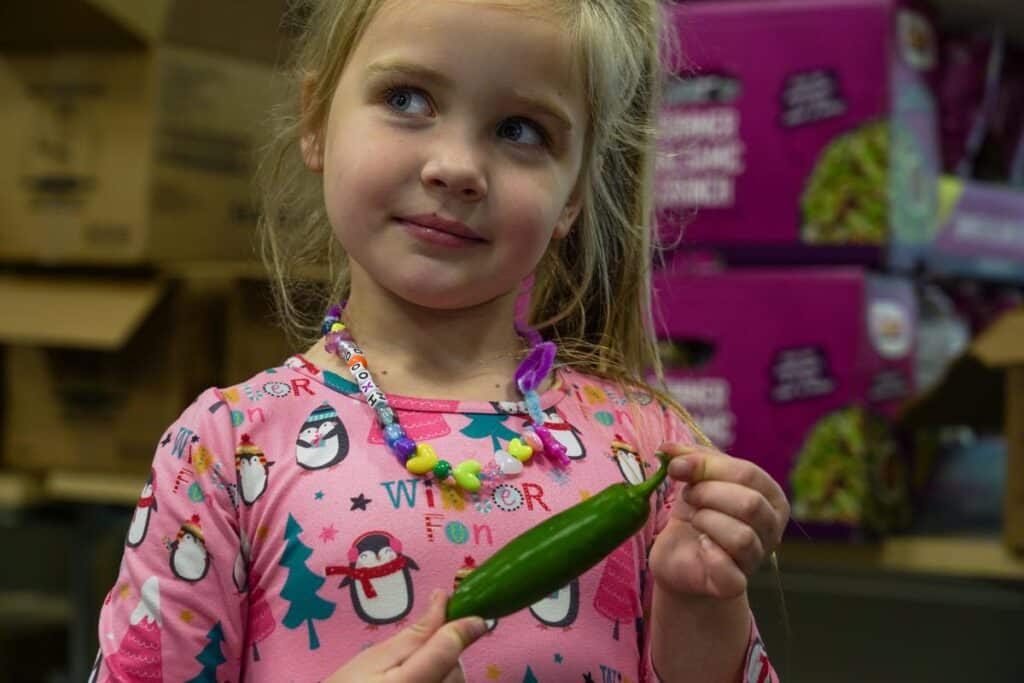 a child in a pink shirt holding a jalapeno pepper