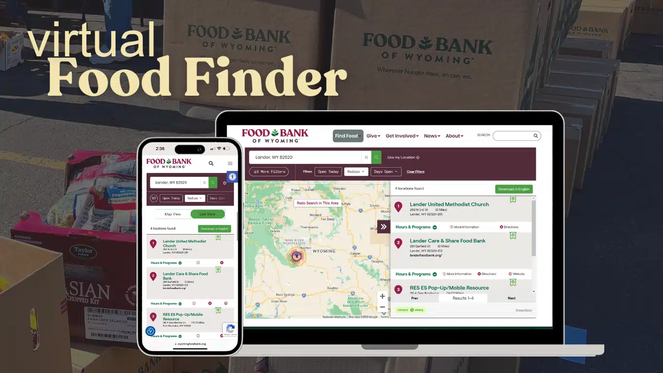 Virtual Food Finder title at top. Images of maps and general listings of food distributions