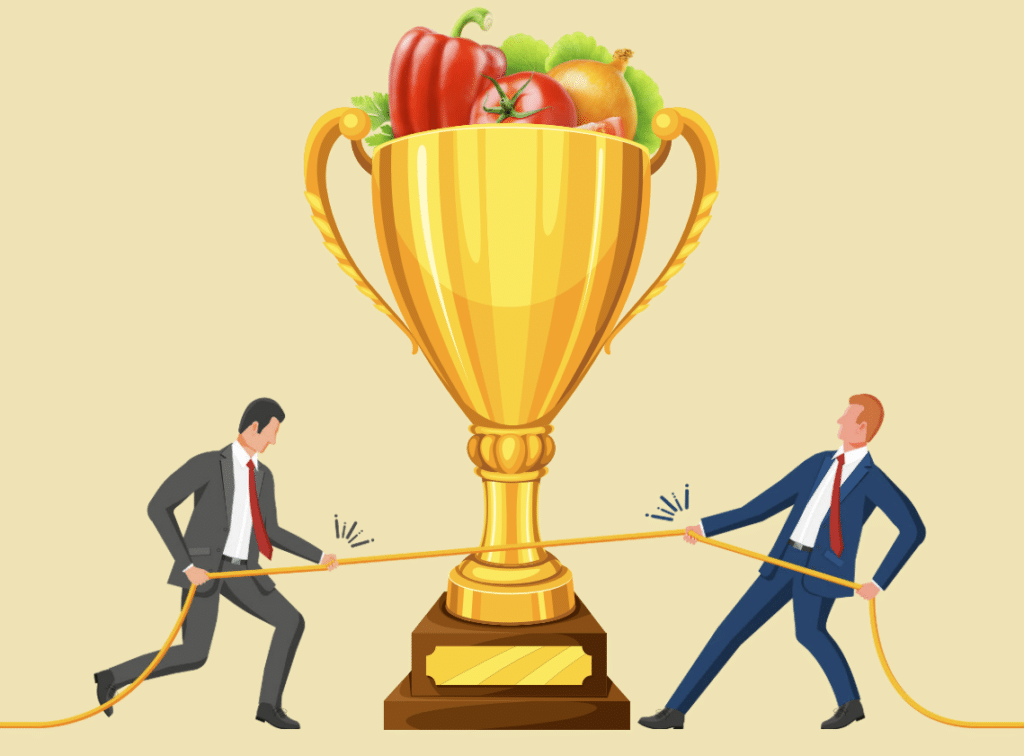 tug of war between oversized trophy filled with produce, one man in business suit on each side of rope
