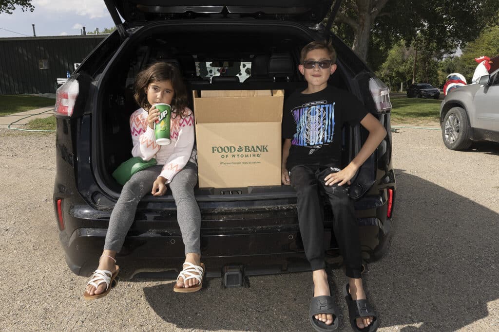 Two kids sitting on ledge of trunk area of car, Food Bank box in between them.