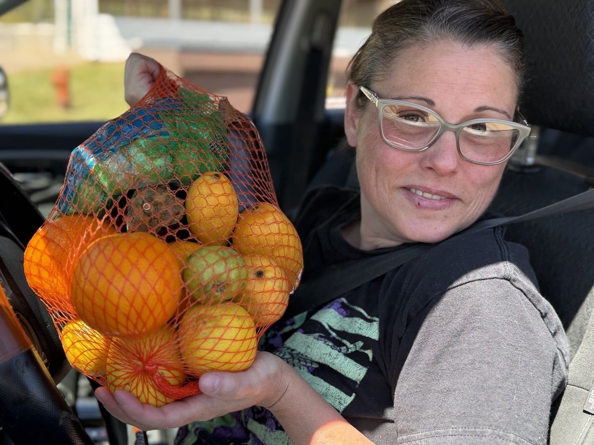 A person in their car holding a bag of fresh produce at a mobile pantry