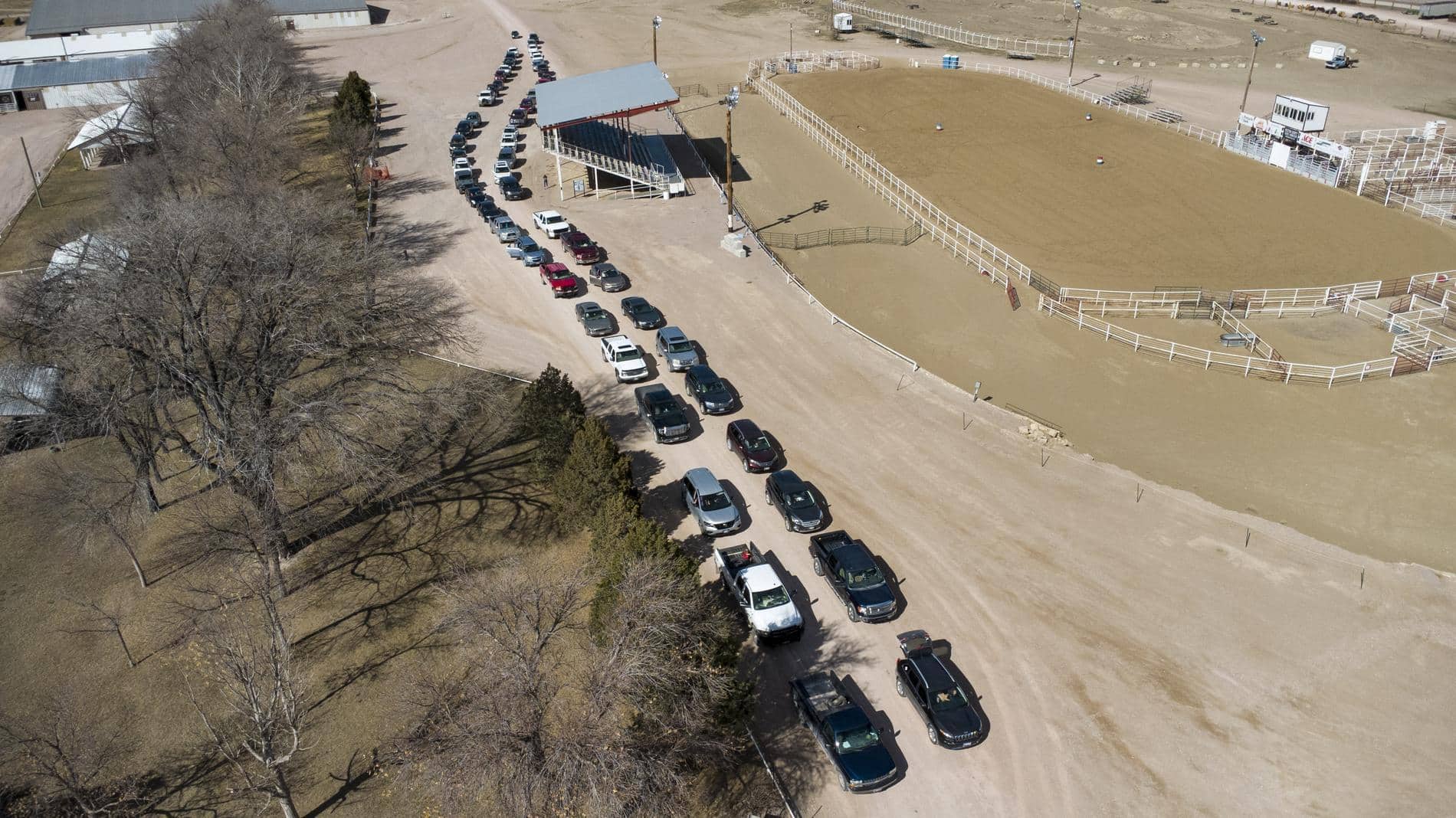 Cars lined up at Food Bank of Wyoming’s Mobile Pantry distribution in Newcastle, WY.